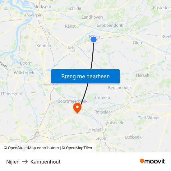 Nijlen to Kampenhout map