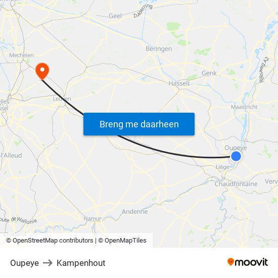 Oupeye to Kampenhout map