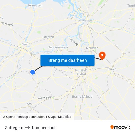 Zottegem to Kampenhout map
