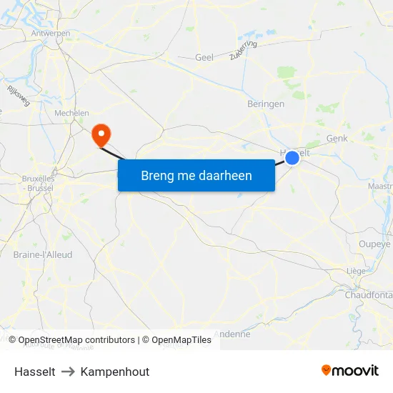 Hasselt to Kampenhout map