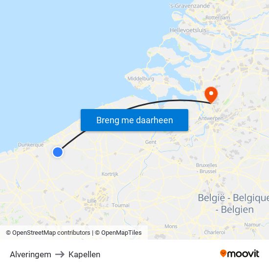 Alveringem to Kapellen map