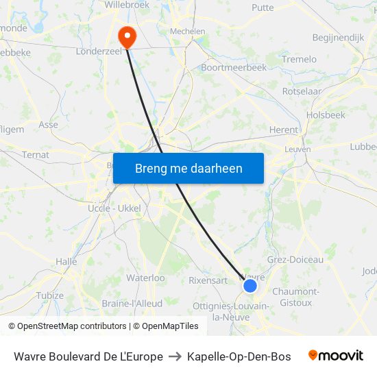 Wavre Boulevard De L'Europe to Kapelle-Op-Den-Bos map