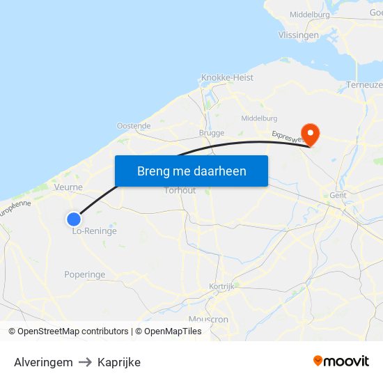 Alveringem to Kaprijke map