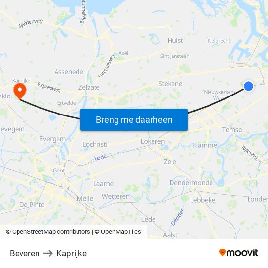 Beveren to Kaprijke map