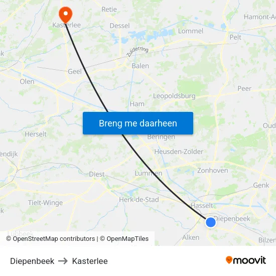 Diepenbeek to Kasterlee map