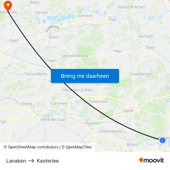 Lanaken to Kasterlee map