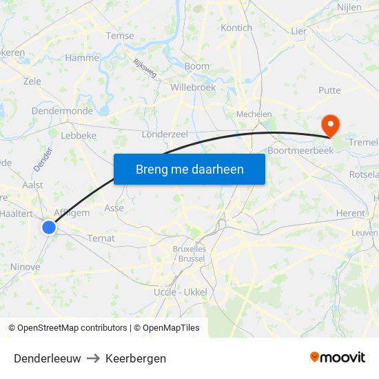 Denderleeuw to Keerbergen map