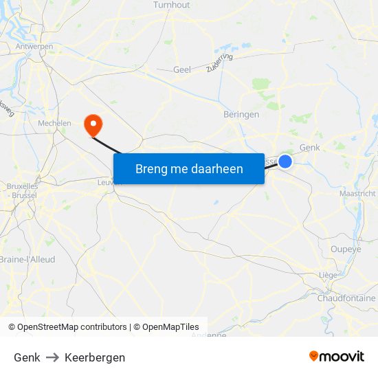 Genk to Keerbergen map