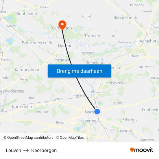Leuven to Keerbergen map
