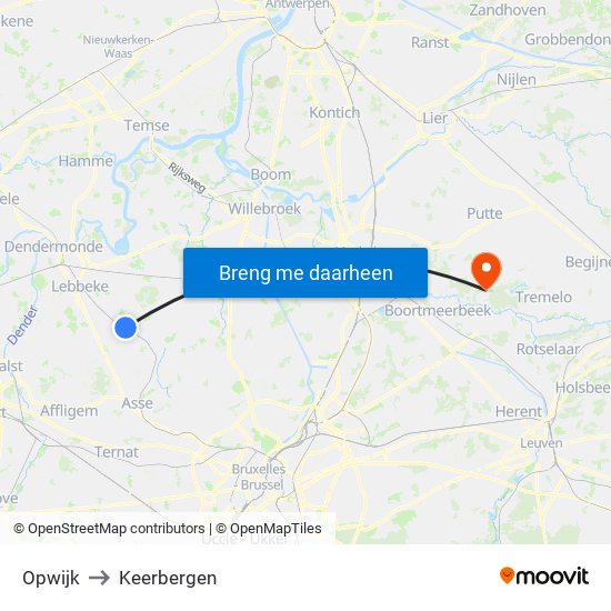 Opwijk to Keerbergen map