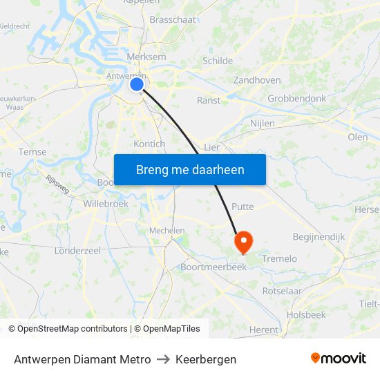 Antwerpen Diamant Metro to Keerbergen map