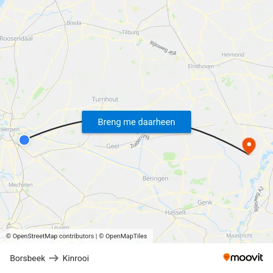 Borsbeek to Kinrooi map