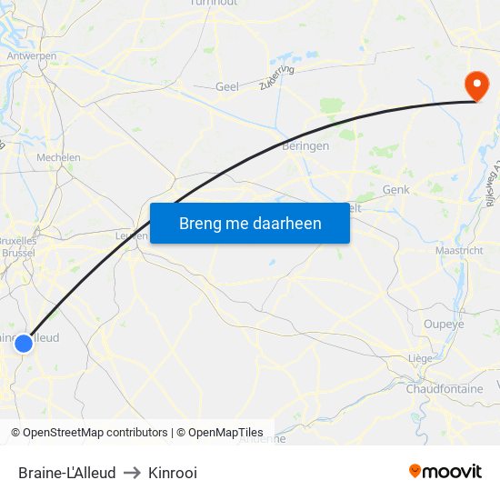 Braine-L'Alleud to Kinrooi map
