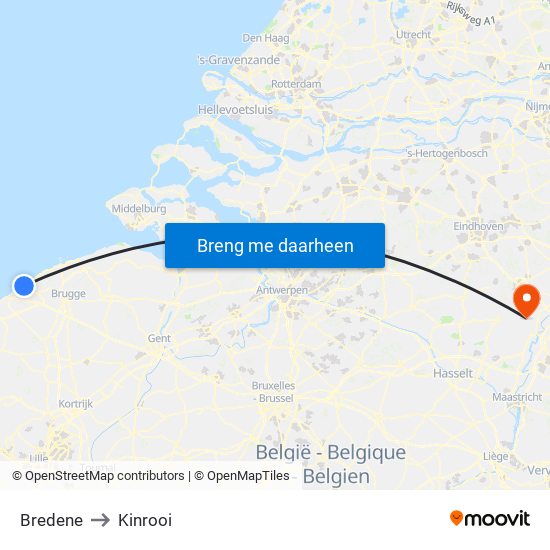 Bredene to Kinrooi map