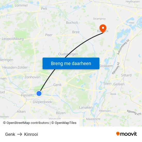 Genk to Kinrooi map