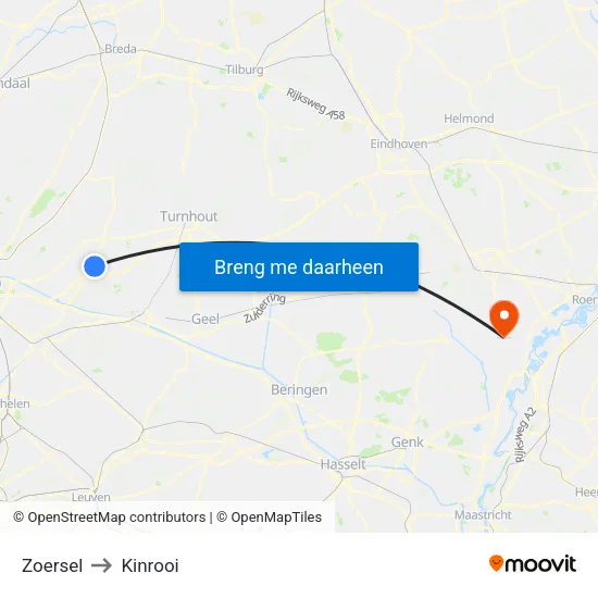 Zoersel to Kinrooi map