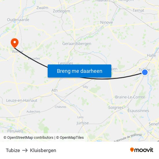 Tubize to Kluisbergen map