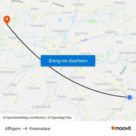 Affligem to Knesselare map