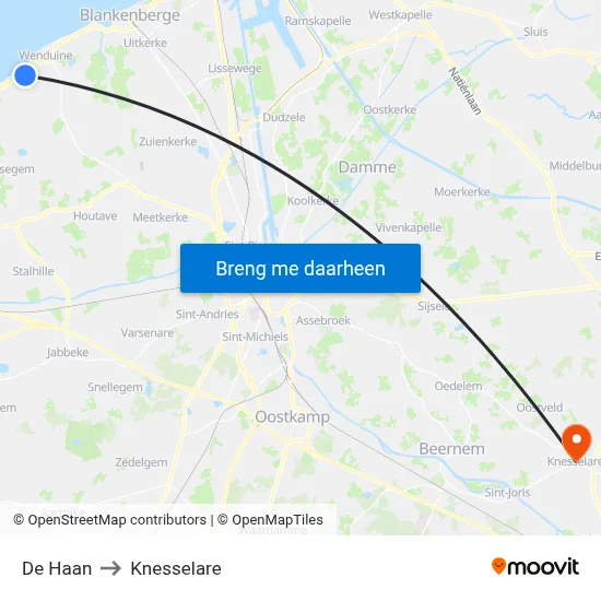 De Haan to Knesselare map