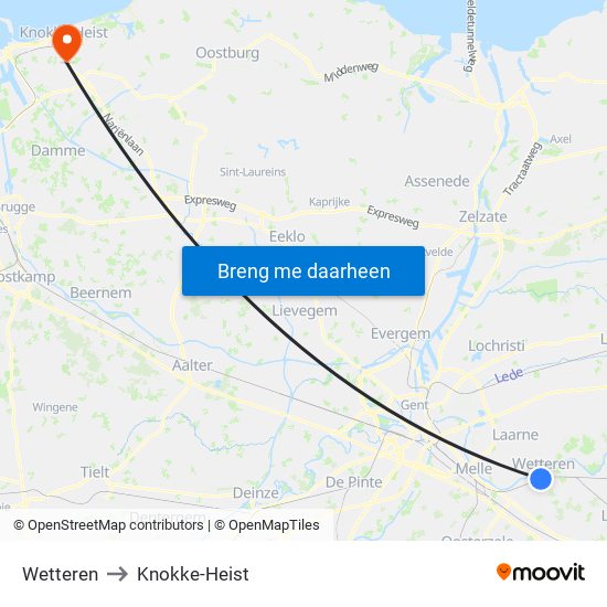 Wetteren to Knokke-Heist map