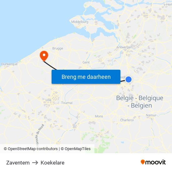 Zaventem to Koekelare map