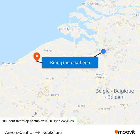 Anvers-Central to Koekelare map