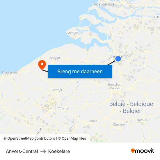 Anvers-Central to Koekelare map