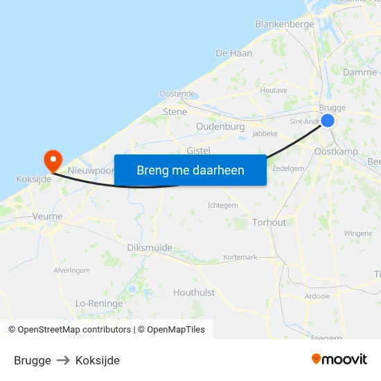 Brugge to Koksijde map