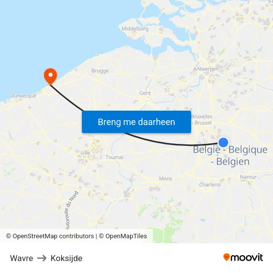 Wavre to Koksijde map