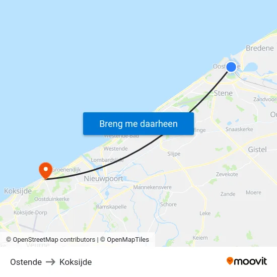 Ostende to Koksijde map