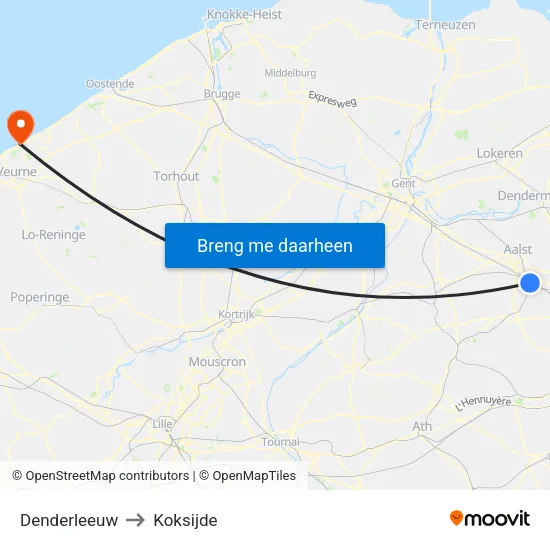 Denderleeuw to Koksijde map