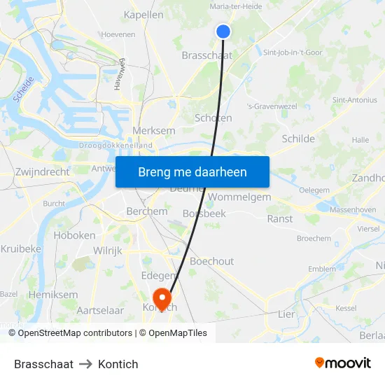 Brasschaat to Kontich map