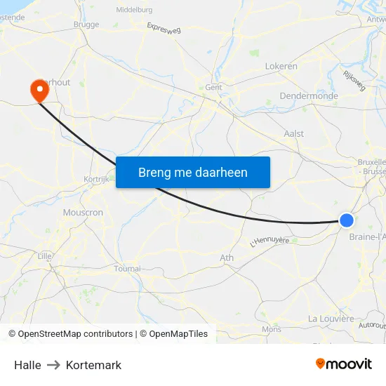 Halle to Kortemark map