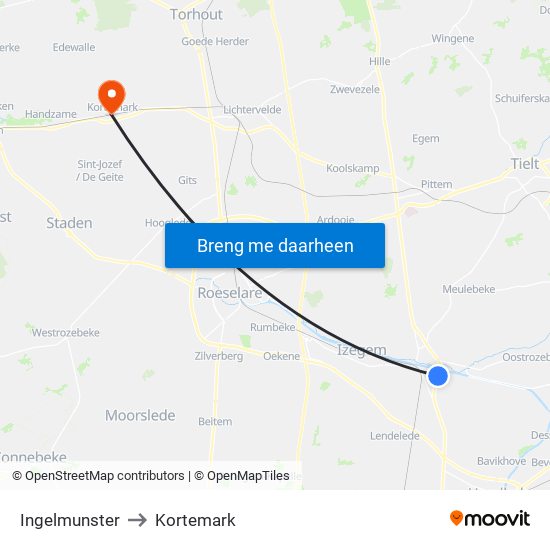 Ingelmunster to Kortemark map