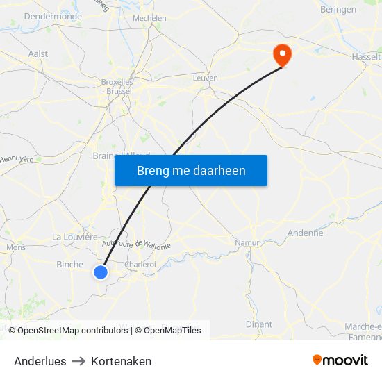 Anderlues to Kortenaken map