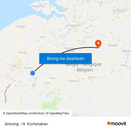 Antoing to Kortenaken map