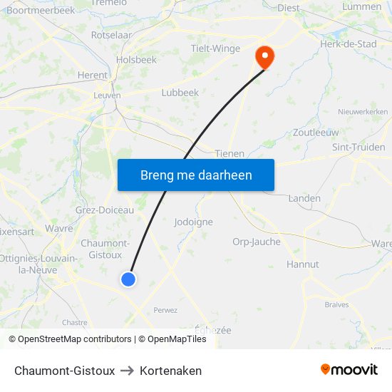 Chaumont-Gistoux to Kortenaken map