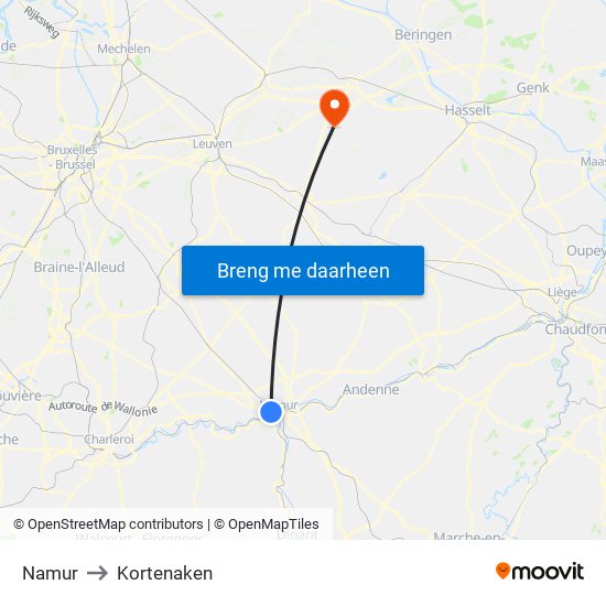 Namur to Kortenaken map