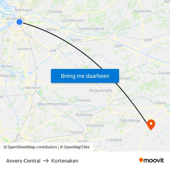 Anvers-Central to Kortenaken map