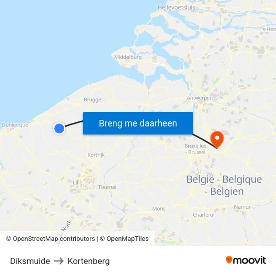Diksmuide to Kortenberg map