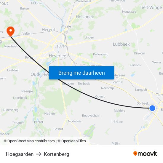 Hoegaarden to Kortenberg map