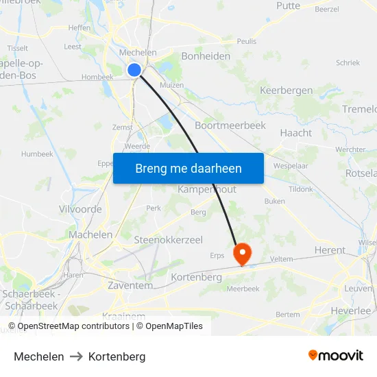 Mechelen to Kortenberg map
