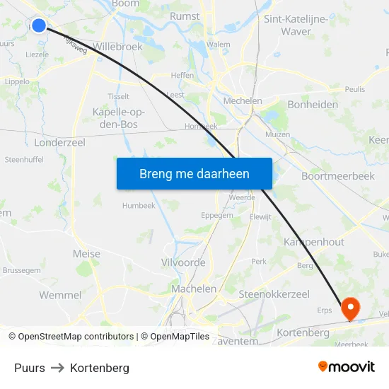 Puurs to Kortenberg map