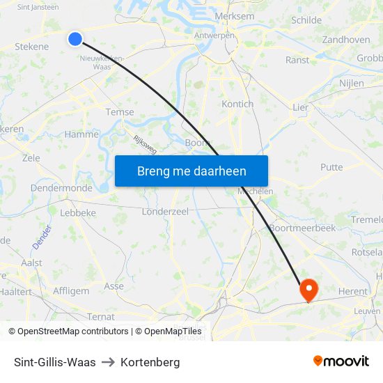 Sint-Gillis-Waas to Kortenberg map