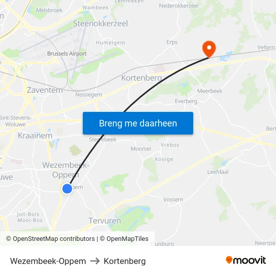 Wezembeek-Oppem to Kortenberg map