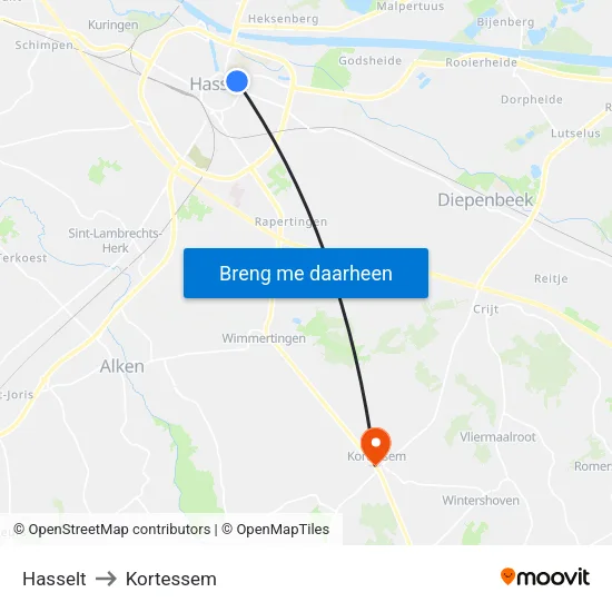 Hasselt to Kortessem map