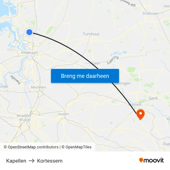 Kapellen to Kortessem map