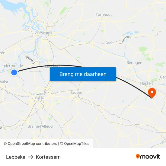 Lebbeke to Kortessem map