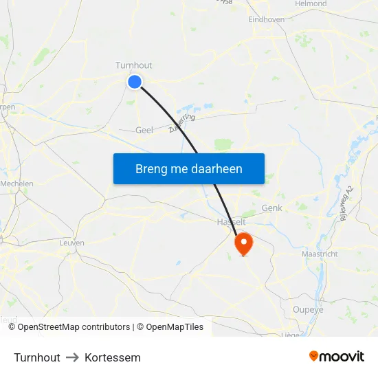 Turnhout to Kortessem map