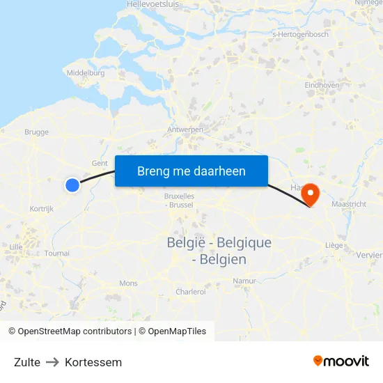 Zulte to Kortessem map